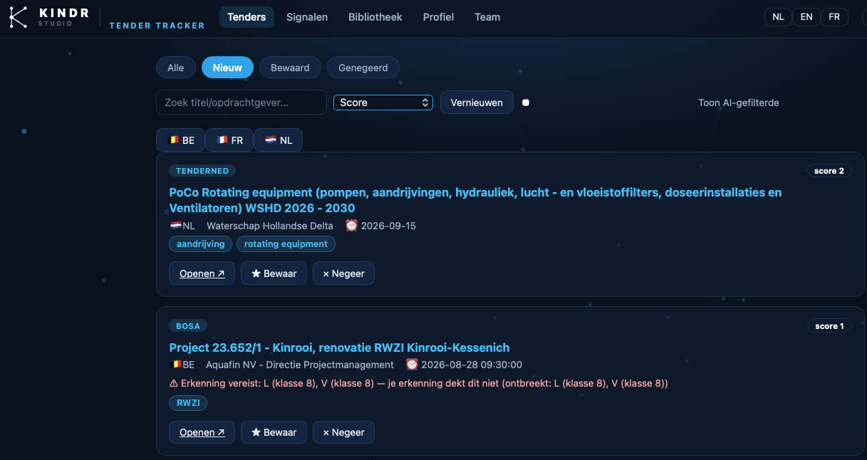 Tender Tracker dagelijkse lijst met matches, AI-relevantiescore en deadlines